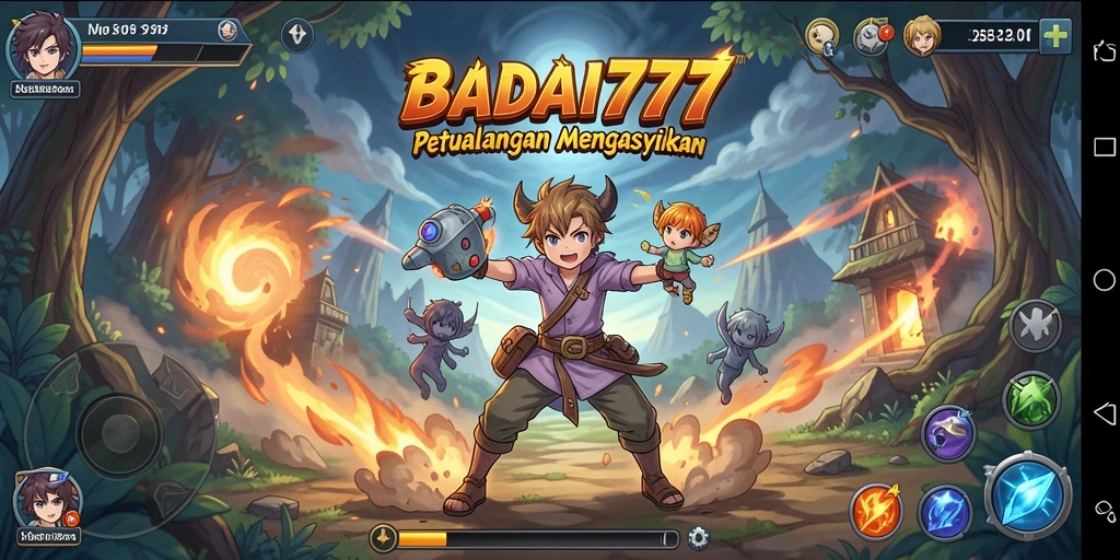 Tampilan gameplay BADAI777 dengan karakter anime bertarung.