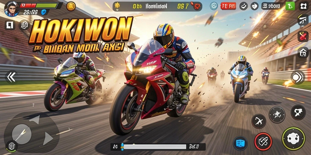 Tampilan gameplay HOKIWON dengan aksi balap motor yang mendebarkan.