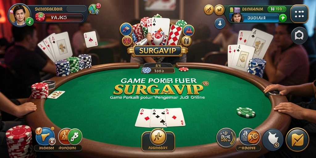 Screenshot SURGAVIP menampilkan gameplay Poker yang intens dan mendebarkan.