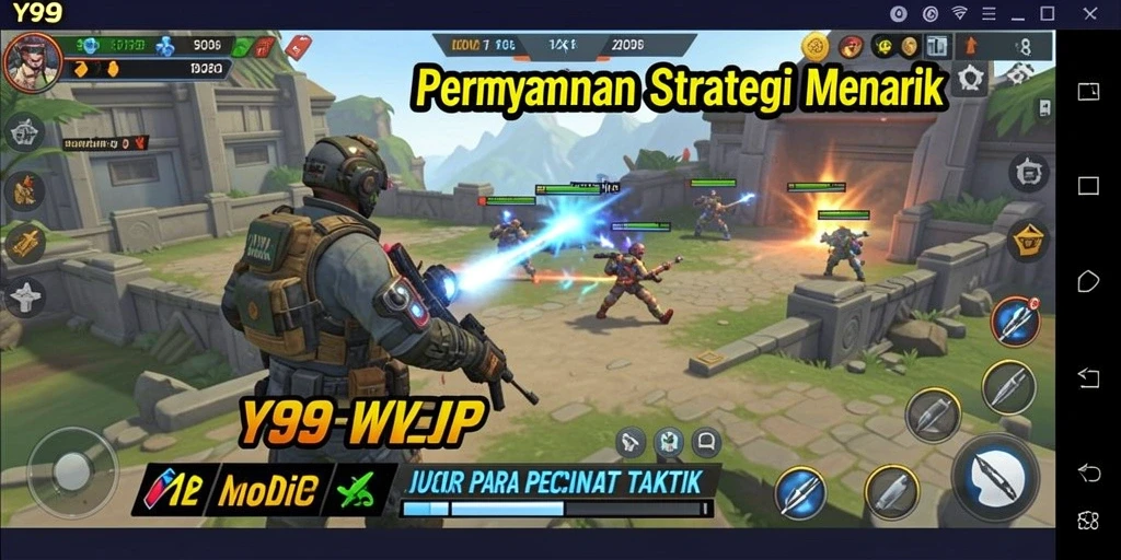 Screenshot menunjukkan aksi pertempuran strategi yang menarik di Y89.